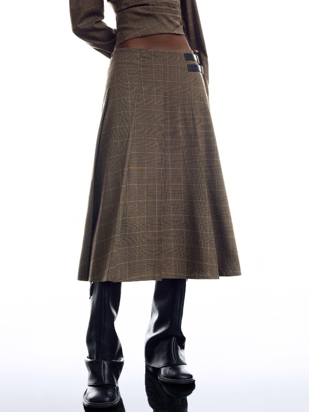 Coffee Brown Casual Women's Plaid Pleated Skirt